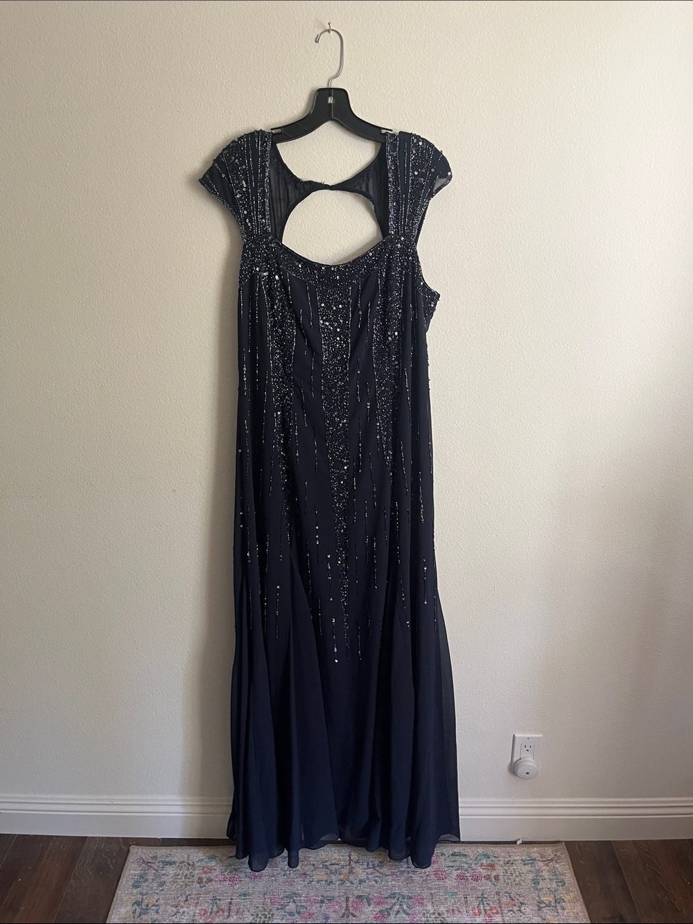 Adrianna Papell Navy Sequined Backless Evening Gown